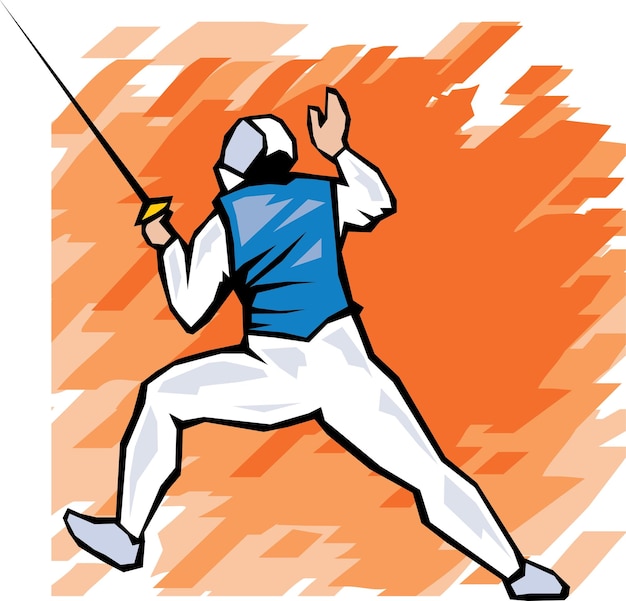 A cartoon drawing of a man wearing a sword and a blue vest.