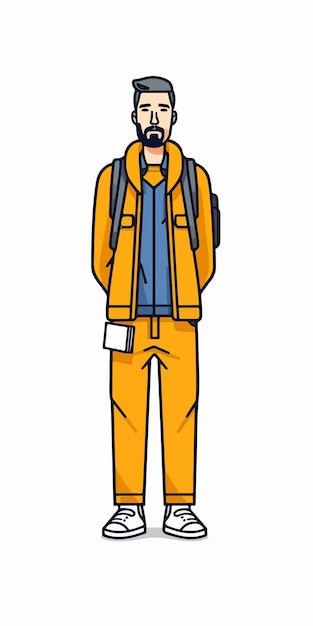 A cartoon drawing of a man wearing a yellow jacket and a backpack.