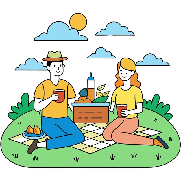 Vector a cartoon drawing of a man and a woman cooking in a park