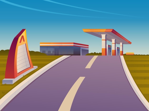 A cartoon drawing of a mcdonald's sign next to a gas station.