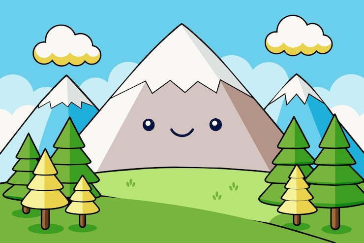 Вектор мультфильм с рисунком горы с деревьями и небесным фоном