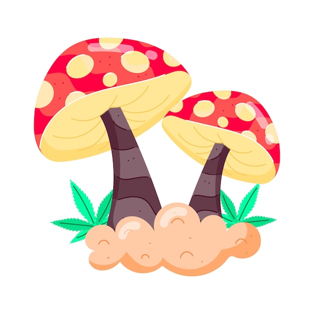 a cartoon drawing of a mushroom with a green leaf on it