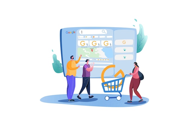 Vector a cartoon drawing of people shopping in a mall with a sign that says go shopping