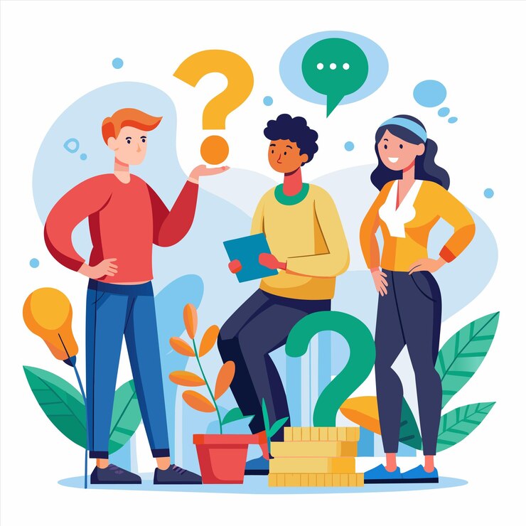 Vector a cartoon drawing of people with question marks on them
