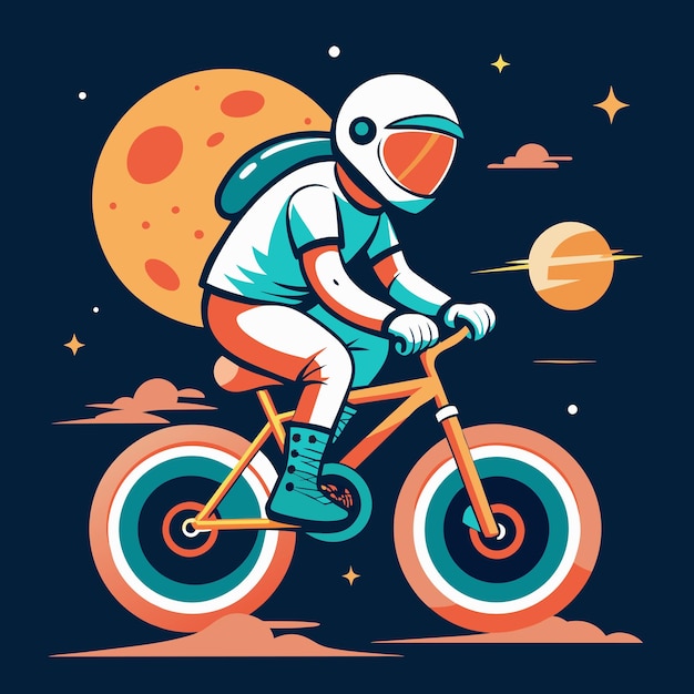 a cartoon drawing of a person on a bike with a moon and stars