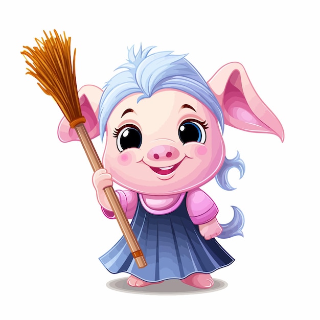 a cartoon drawing of a pig with a broom and a broom.