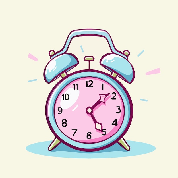 A cartoon drawing of a pink alarm clock with the hands on the dial.