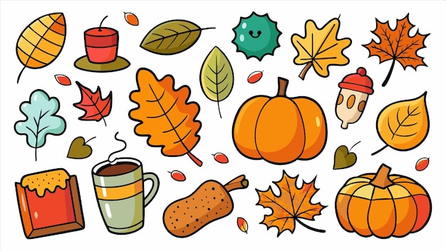 Vector a cartoon drawing of a pumpkin a mug a mug and some autumn leaves