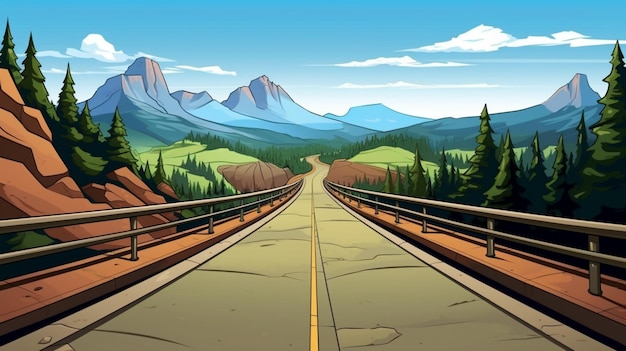 Vector a cartoon drawing of a railroad track with mountains in the background