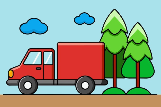 Vettore un disegno di cartone animato di un camion rosso con alberi sullo sfondo