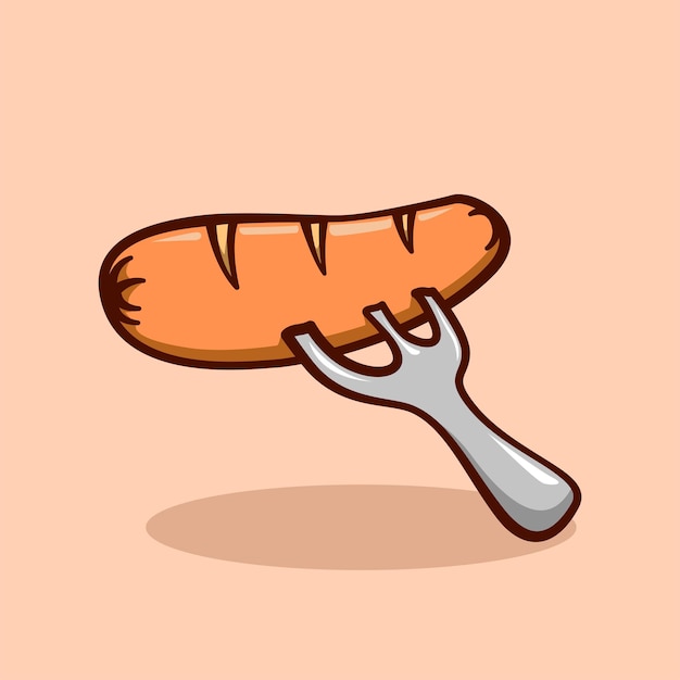 Vector a cartoon drawing of a sausage on a fork that has the word sausage on it.