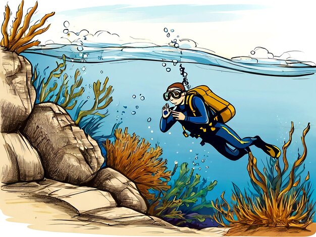 Vector a cartoon drawing of a scuba diver in front of a large underwater rock