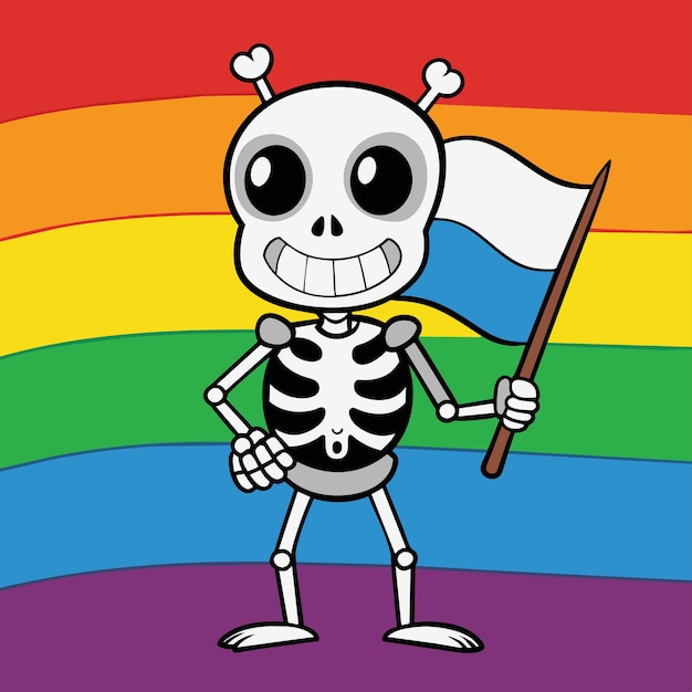 Vector a cartoon drawing of a skeleton holding a flag and a rainbow