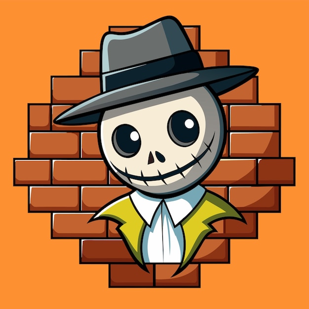 Vector a cartoon drawing of a skull wearing a hat and a shirt with a yellow shirt and a black hat