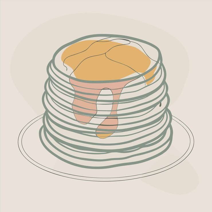 Vector a cartoon drawing of a stack of pancakes with a cartoon character on the top