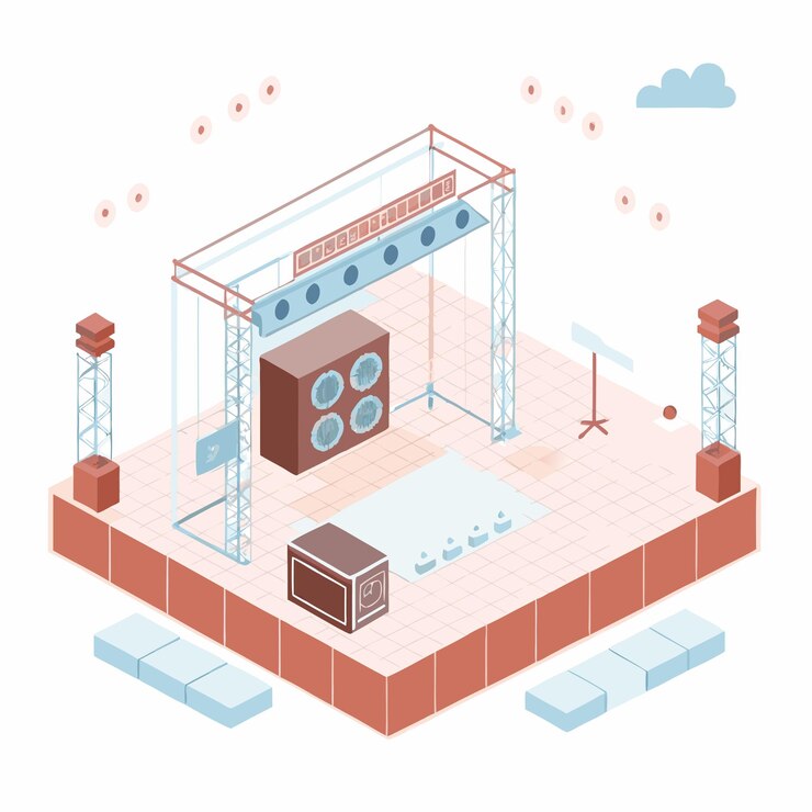 Vector a cartoon drawing of a stage with a sky in the background