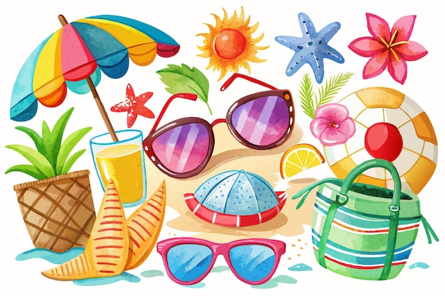 Vector a cartoon drawing of sunglasses a beach and a bucket of ice cream