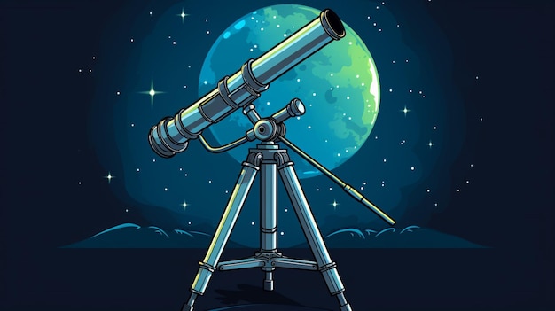 Vettore un disegno di cartone animato di un telescopio con una luna piena dietro