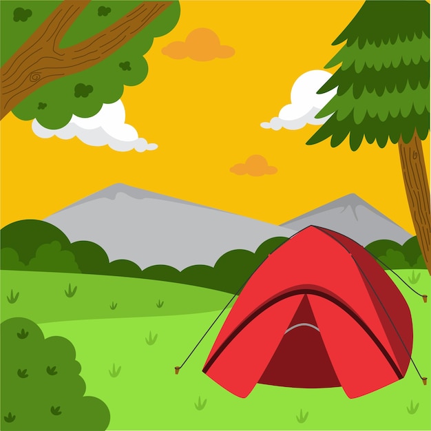 A cartoon drawing of a tent in a forest with mountains in the background.