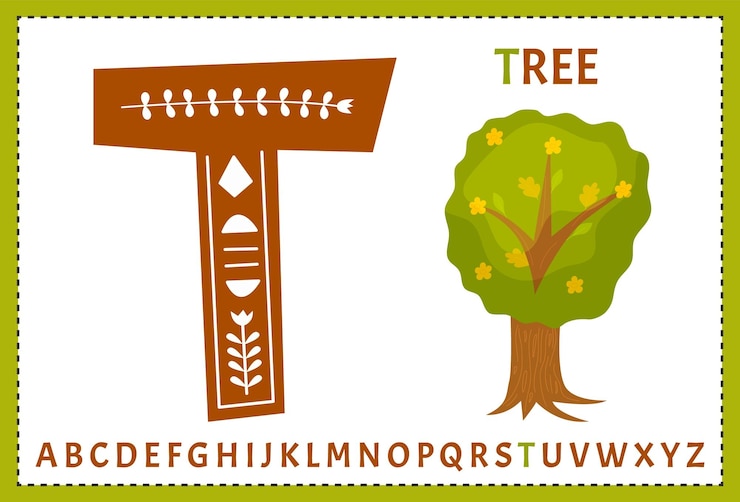 Vector a cartoon drawing of a tree and the letters t
