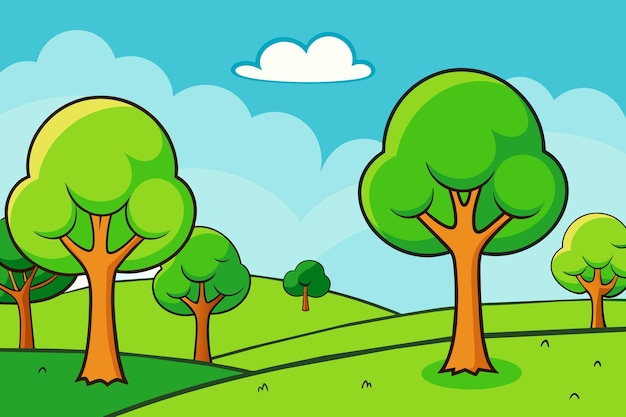 Vector a cartoon drawing of trees in a field with a sky background