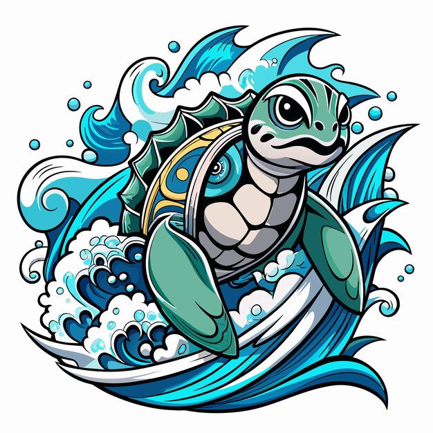 Vector a cartoon drawing of a turtle with a sword and a shield on it