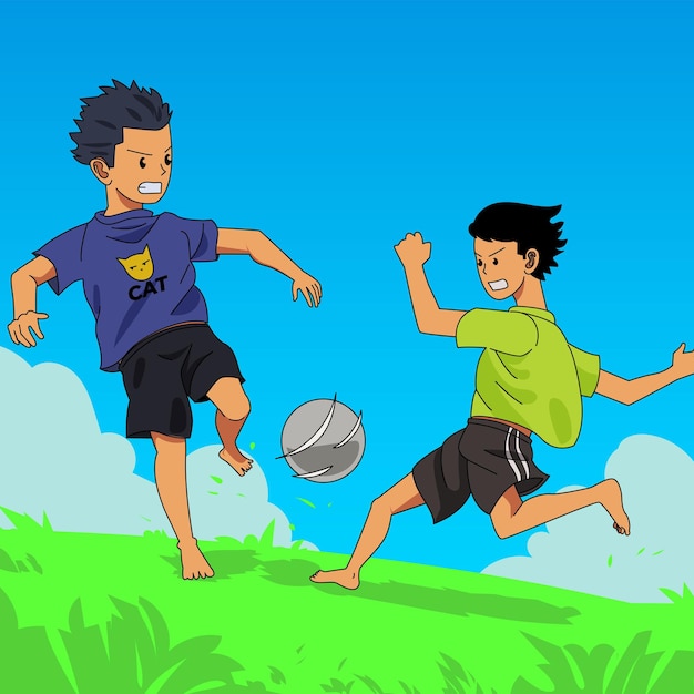 A cartoon drawing of two boys playing soccer with one of them wearing a blue