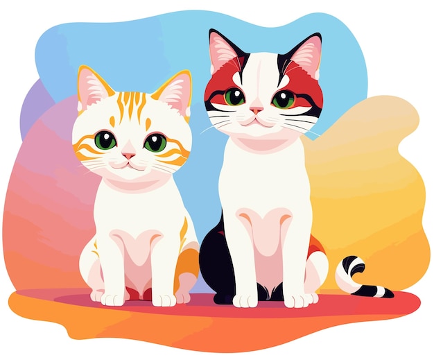 A cartoon drawing of two cats sitting on a colorful background.