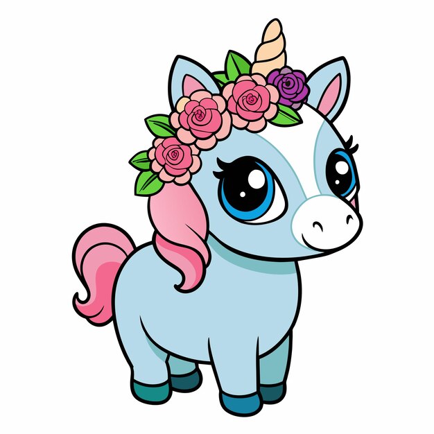 Vettore un disegno di cartone animato di un unicorno con fiori sulla testa