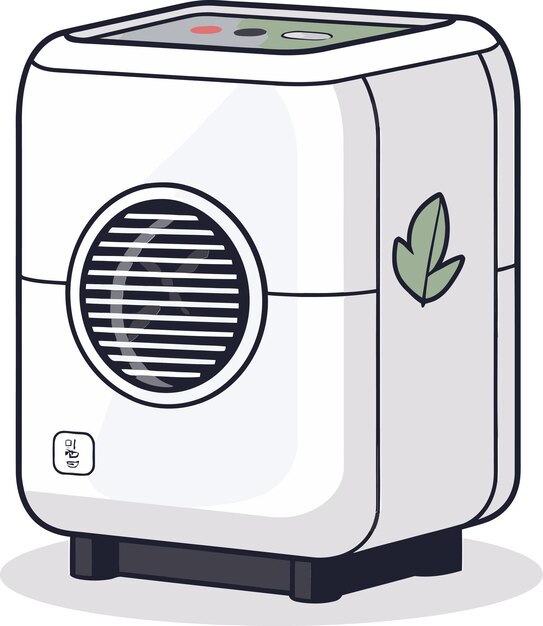 a cartoon drawing of a white air conditioner with a green leaf on the front
