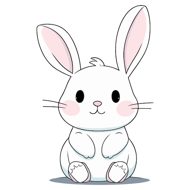 A cartoon drawing of a white bunny with pink ears and a pink nose sits on a white background