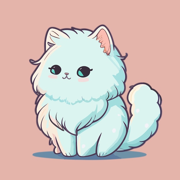 A cartoon drawing of a white cat with blue eyes sits on a pink background