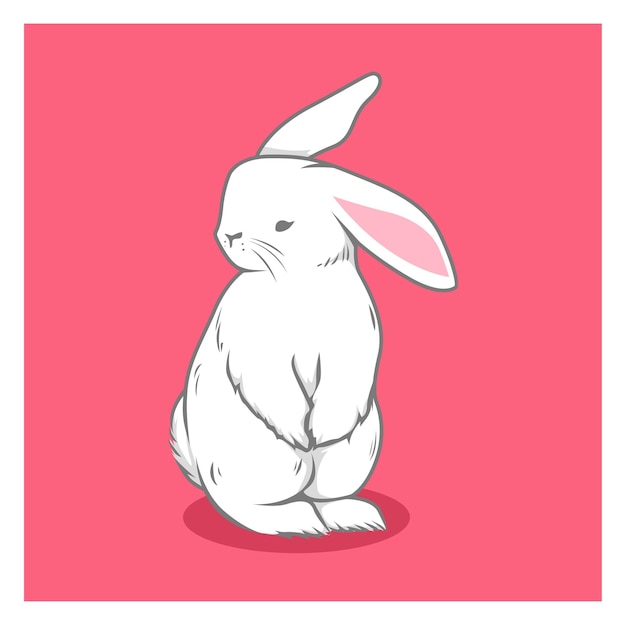 A cartoon drawing of a white rabbit with a pink background.