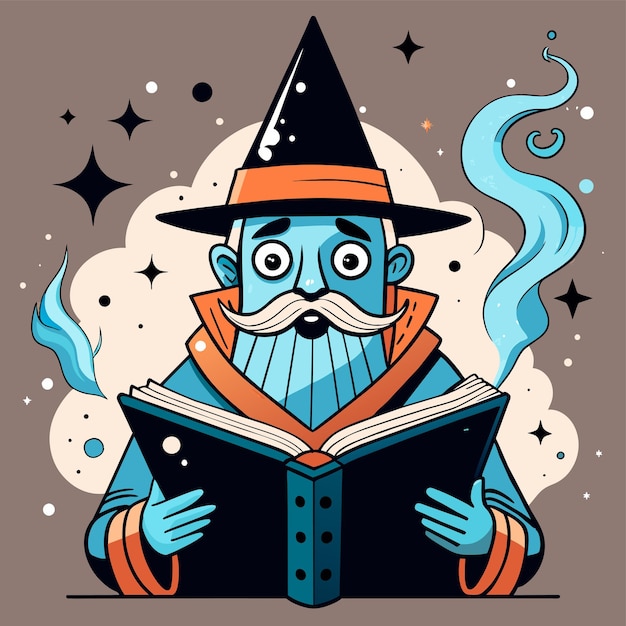 Vector a cartoon drawing of a wizard reading a book