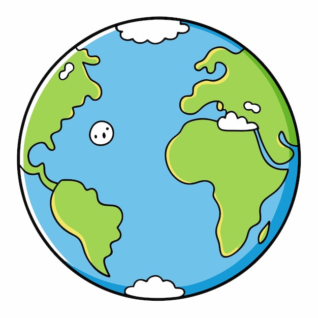 Vector a cartoon drawing of a world with clouds and a green and blue sky