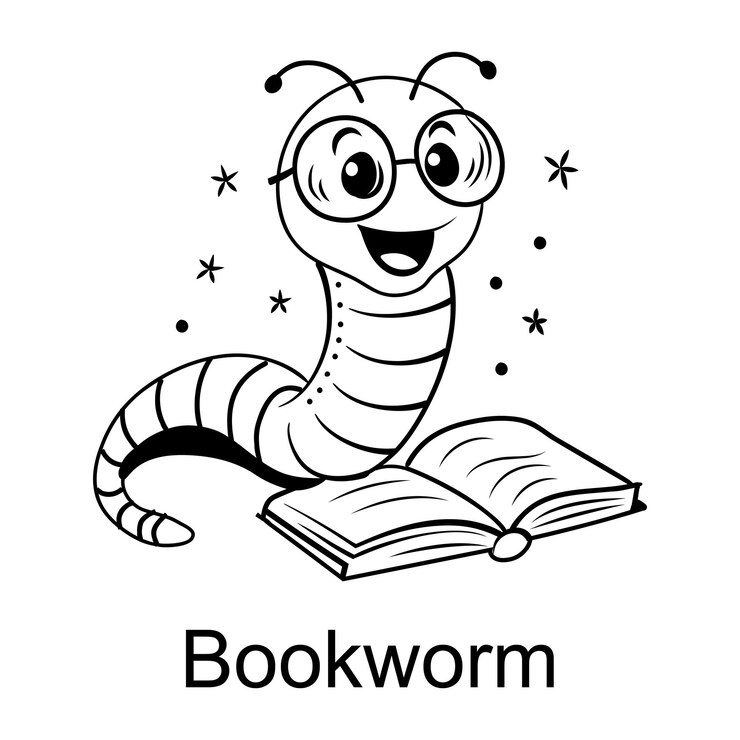 Vector a cartoon drawing of a worm reading a book