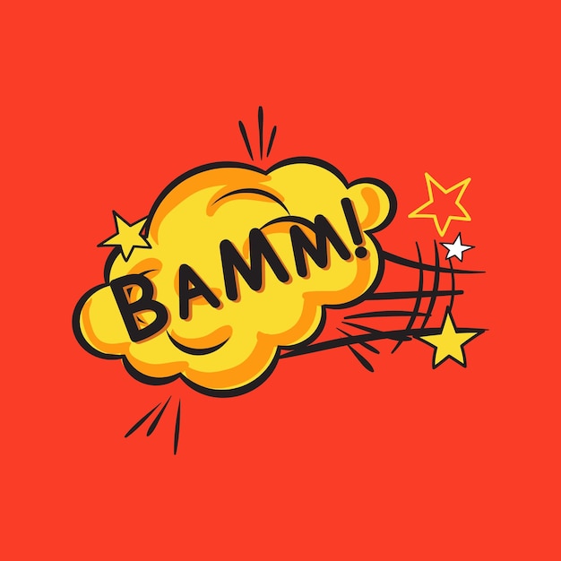 A cartoon drawing of a yellow cloud with the word bamm on it.