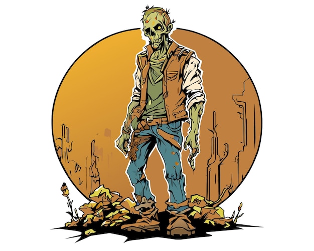 мультфильм с изображением зомби с желтым кругом позади