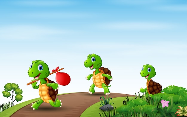 Cartoon drie schildpadden die op de weg rennen