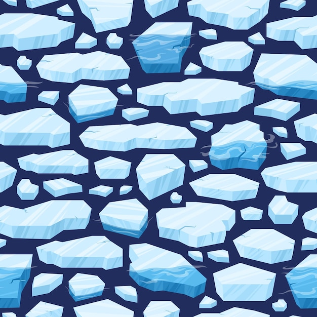 Vector cartoon drijvend ijs naadloos patroon bevroren arctische blokken ijs ijsbergen stukken en gletsjers blauwe ijskristallen drijvend in water achtergrond vectorillustratie