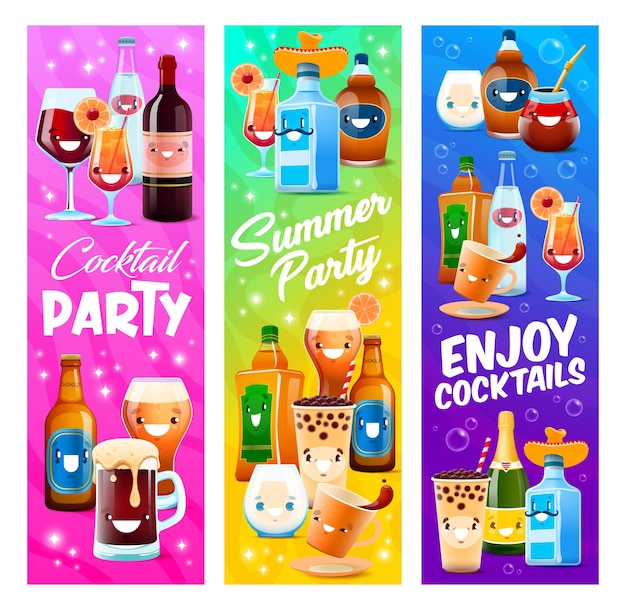 Cartoon drink and cocktail beverage characters