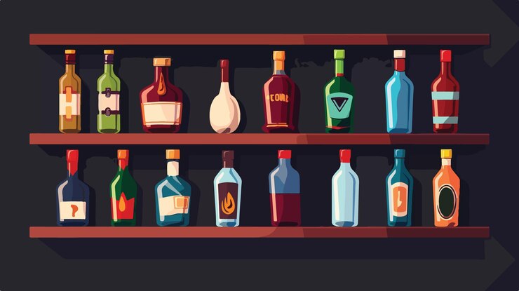 Vector cartoon drink storage alcohol bottles on wooden shelf