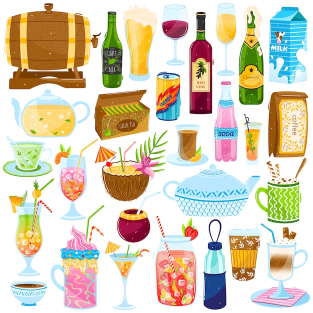 Cartoon drinkt illustratie set, collectie met koude of warme drank cafe barmenu, sap zomer tropische cocktail, theekop