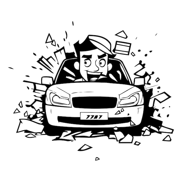 Cartoon driver with broken car vector illustration on white background