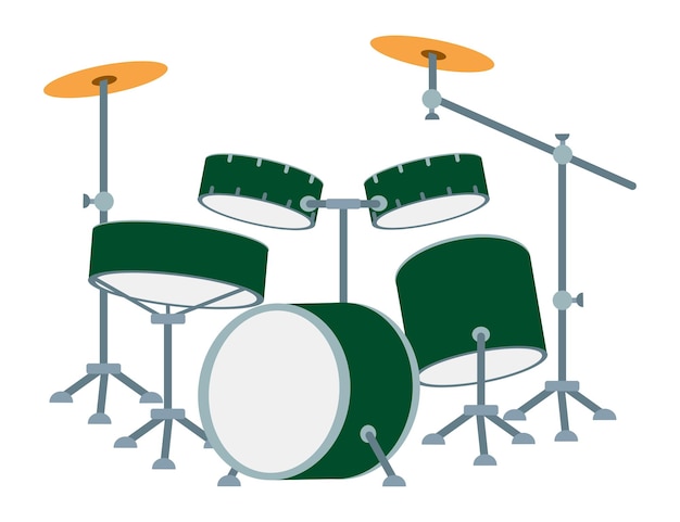 Vector cartoon drum kit vector illustratie van een drum set geïsoleerd op witte achtergrond vlakte stijl muziek concept installatie percussie muziek instrument cartoon drums en hihat plate
