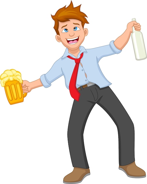 Cartoon drunk man carrying beer