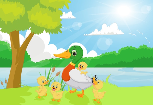 Vector cartoon duck family on the riverbank