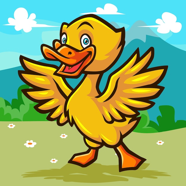 Vector cartoon duck isolated on garden and mountains background