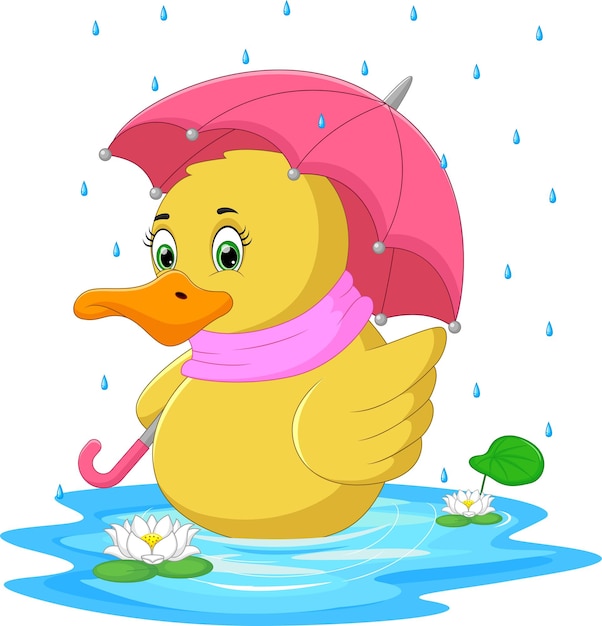 cartoon duck using umbrella in the rain