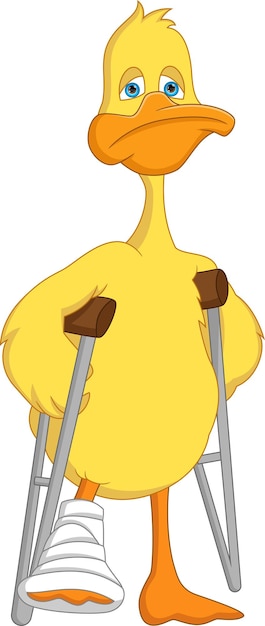 cartoon duck with broken leg and using crutches